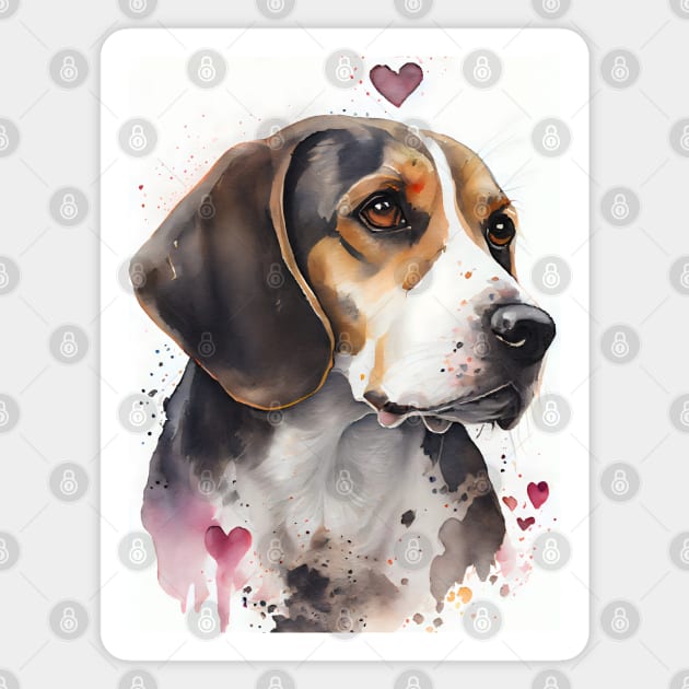 A Watercolor Beagle Dog Portrait with Loose Valentine Hearts Magnet by designs4days